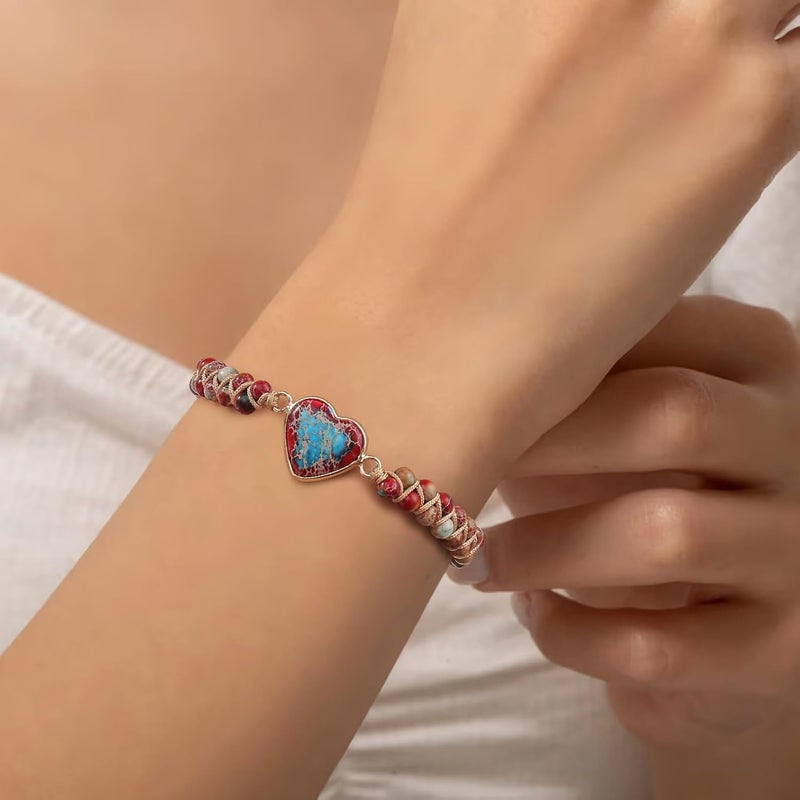 BABORI Jasper Heart Bracelet Adjustable Imperial Stone Beaded Braided Handmade Bracelet for Women Birthday Anniversary Mothers Day Christmas Graduation Jewelry Gifts for Her Mother Daughter - Image 4